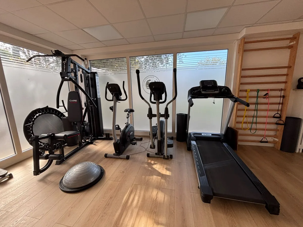 Plateau de rééducation avec appareil de musculation, vélos, tapis de marche et espalier